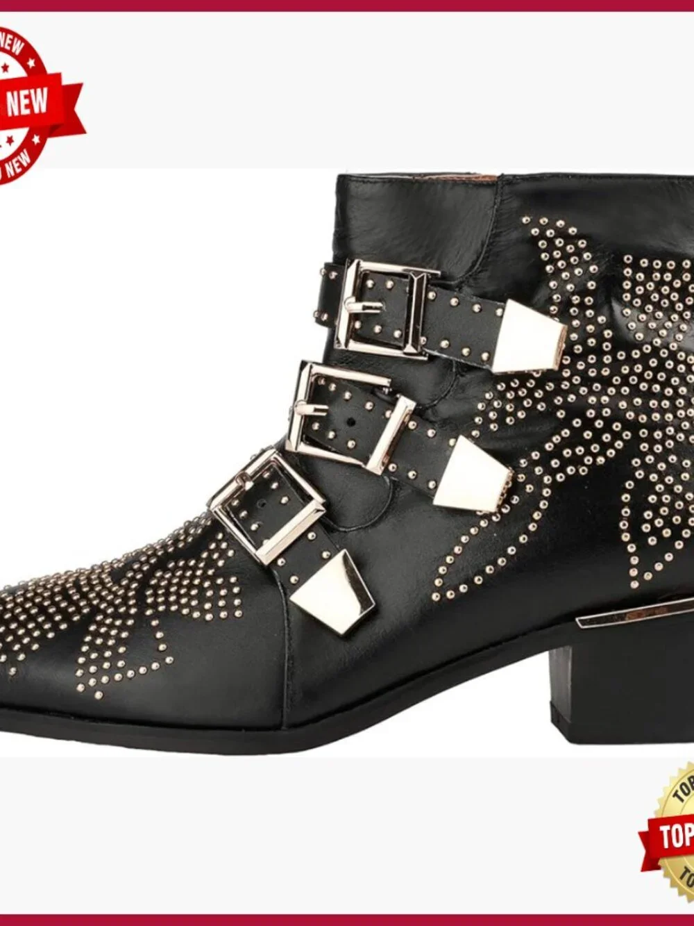 Leather Ankle Boots Studded Buckle Chunky Heel Zipper Punk Booties